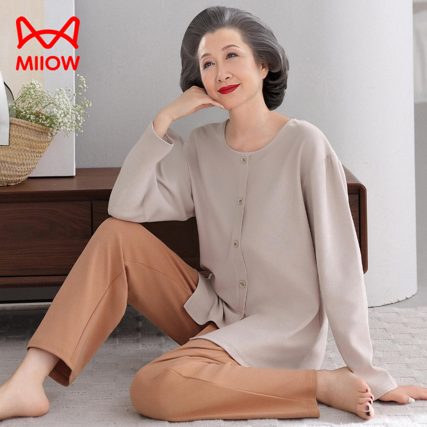 猫人妈妈睡衣女春秋纯棉长袖家居服全棉大码套头中老年可外穿套装