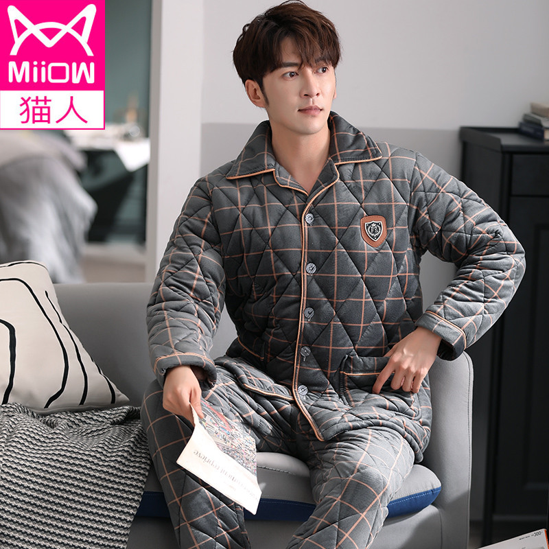 猫人睡衣冬加厚加绒棉三层夹棉法兰绒男家居服珊瑚绒秋冬中年爸爸