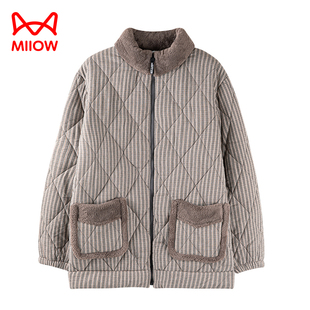 猫人珊瑚绒夹棉纯棉睡衣男单件上装冬季拉链款家居服三层加厚保暖