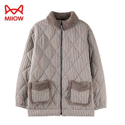 猫人珊瑚绒夹棉纯棉睡衣男单件上装冬季拉链款家居服三层加厚保暖