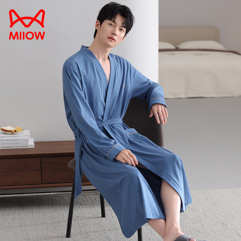 猫人中年爸爸睡袍男款春秋纯棉长袖新款浴袍睡衣长款大码浴衣家居