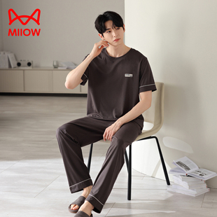 猫人莫代尔睡衣男士夏季短袖薄款纯黑高级感青少年春秋家居服套装