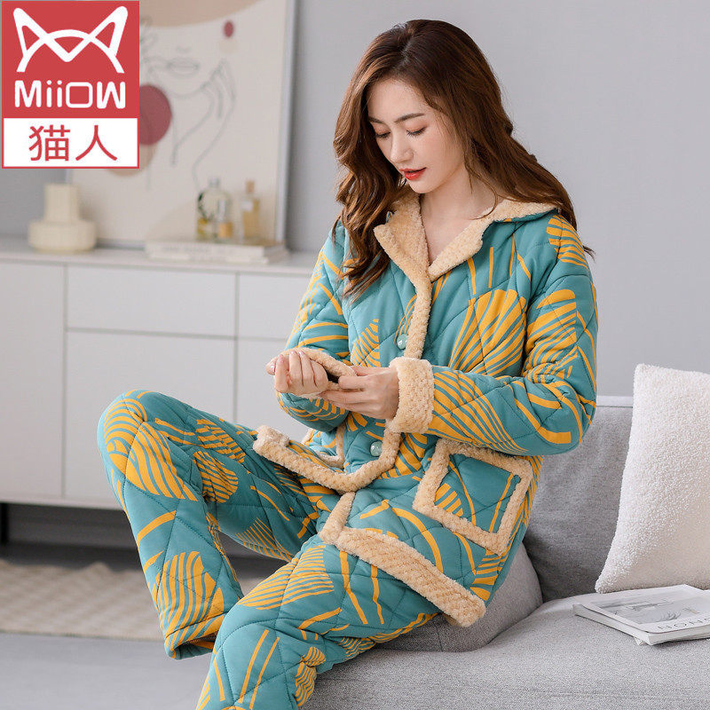 猫人秋冬季睡衣女纯棉夹棉袄冬款女袄子三层保暖加厚全棉服家居服