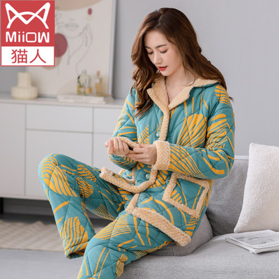猫人三层保暖加厚全棉女士冬睡衣