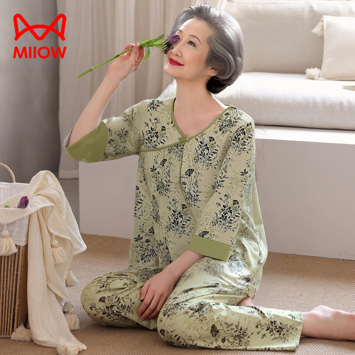 猫人睡衣女款春秋纯棉七分袖2026新款春夏高端中老年人妈妈家居服