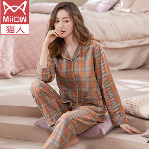 猫人梭织纯棉睡衣女春秋季秋冬薄款全棉布长袖格子大码家居服套装