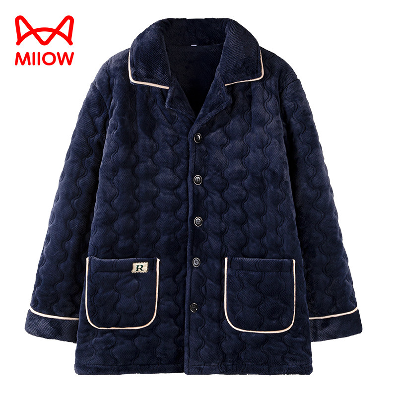 猫人男单件上衣睡衣冬珊瑚绒夹棉袄秋冬三层加厚法兰绒加绒家居服