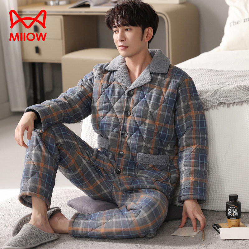 猫人睡衣男款冬季男士纯棉三层加厚夹棉加绒特厚秀逸家居服秋冬款