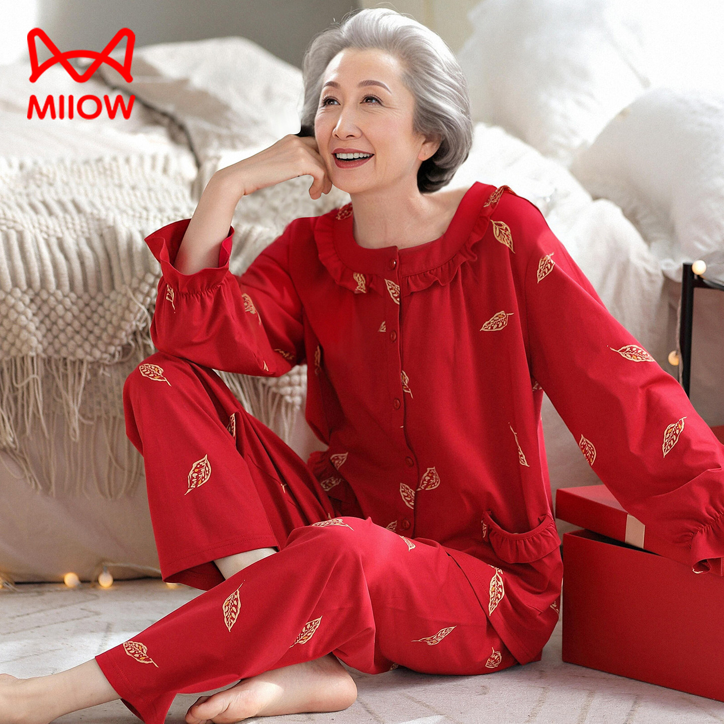 猫人睡衣女款春秋纯棉女士红色本命年中老年妈妈长袖家居服套装秋