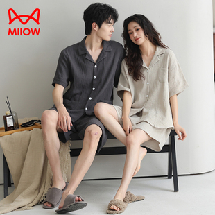 男纯棉纱布家居服薄款 猫人情侣睡衣夏季 短裤 A类婴儿棉女短袖 新款