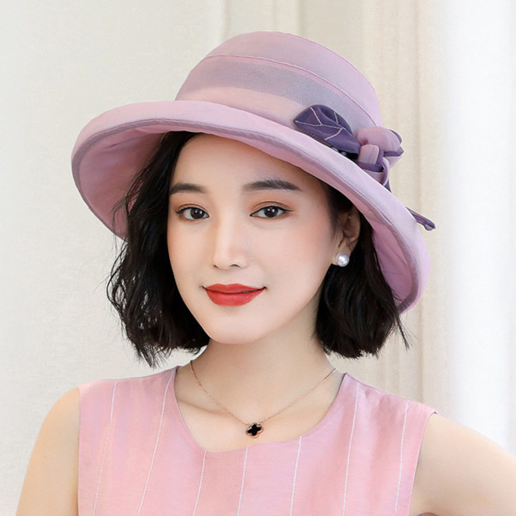 女士夏季桑蚕丝圆顶卷边大檐帽防晒遮阳帽防紫外线出游度假女帽