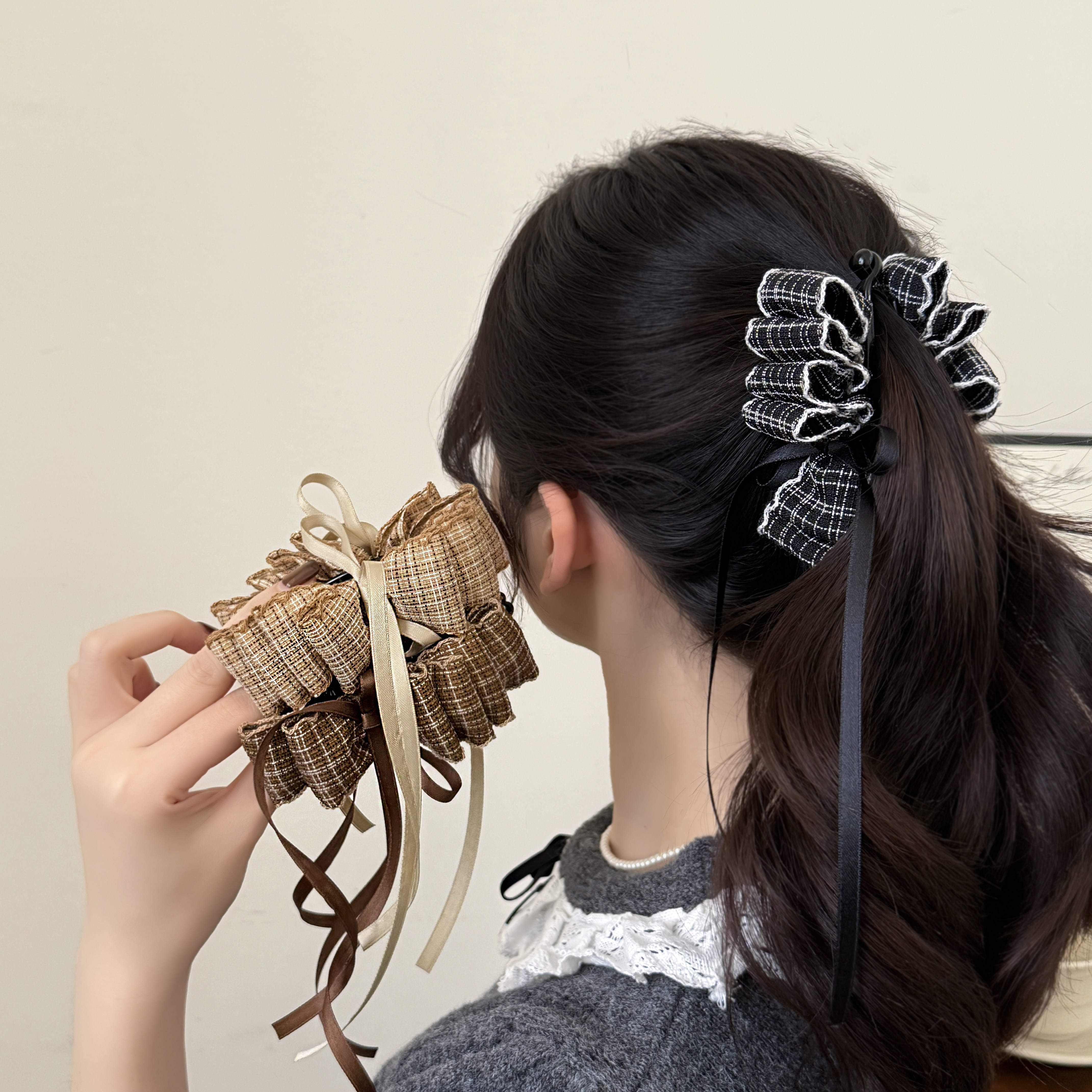 气质百搭学院小香风格纹飘带香蕉夹发夹发饰,饰品/流行首饰/时尚饰品新,发饰,淘宝优惠券,粉丝福利购,淘宝优惠卷