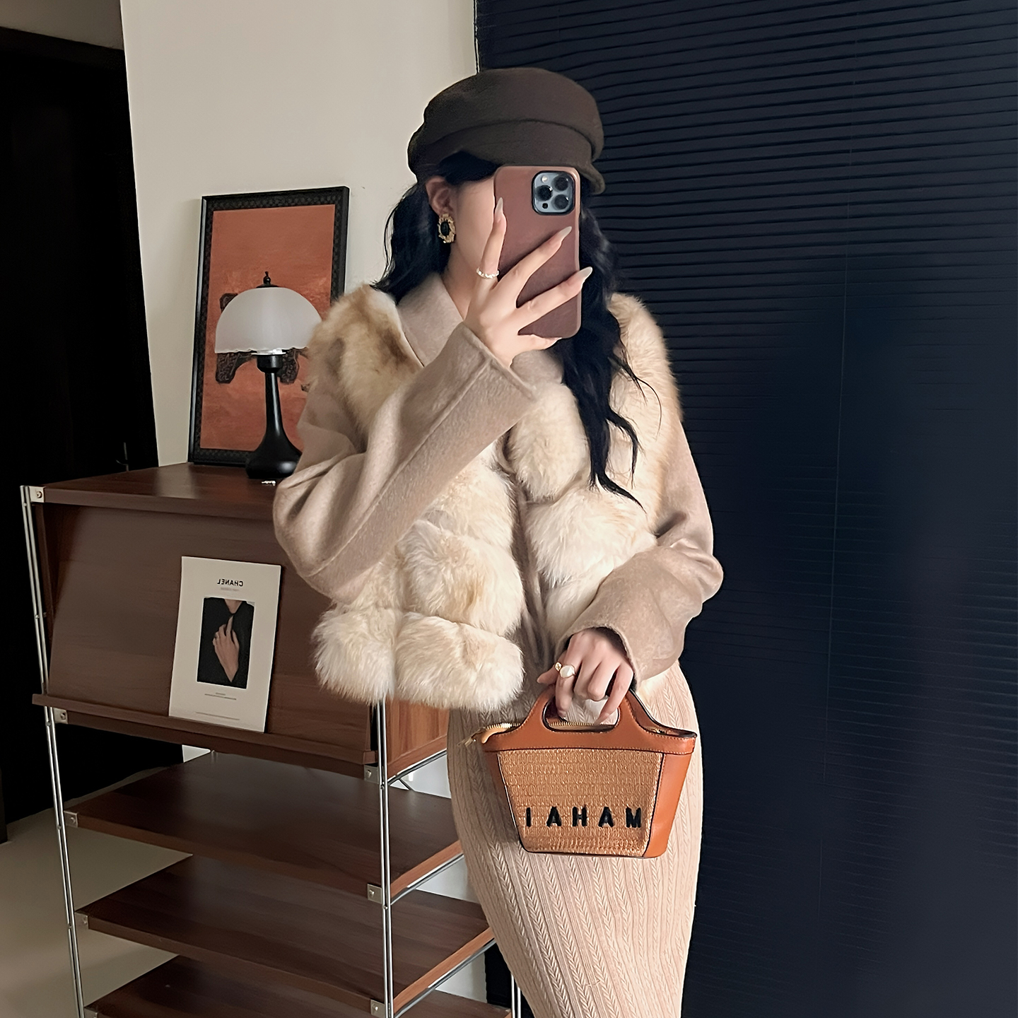 狐狸毛拼接毛呢皮草外套假两件