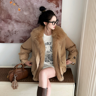 宽松高级感鹅绒羽绒服 派克服短款 狐狸毛领皮草外套女冬季 2025新款