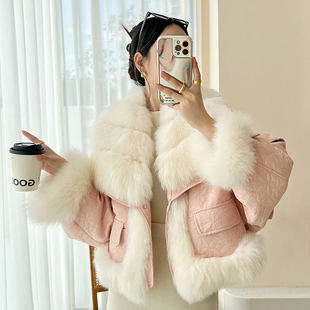 狐狸毛皮草白鹅绒羽绒服女短款2025年新款蝙蝠袖加厚冬季外套年轻