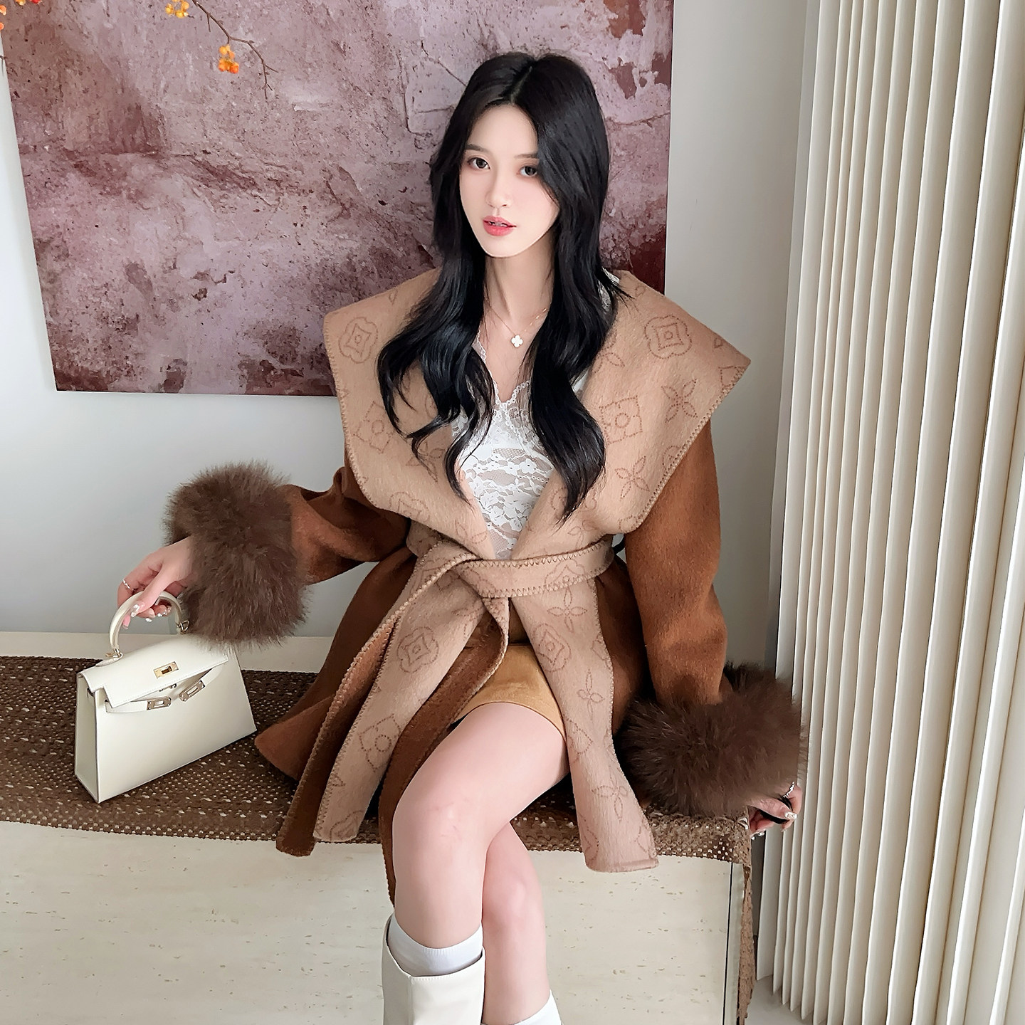 老钱风双面毛呢大衣狐狸毛袖口