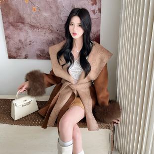 羊毛毛呢外套 2025新款 老钱风双面羊绒大衣女系带浴袍狐狸毛袖 冬季