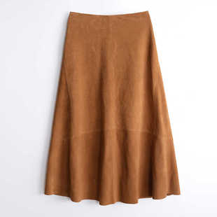 TF听风真皮皮裙秋冬新款 半身裙女 高腰绵羊皮反绒通勤简约过膝长款