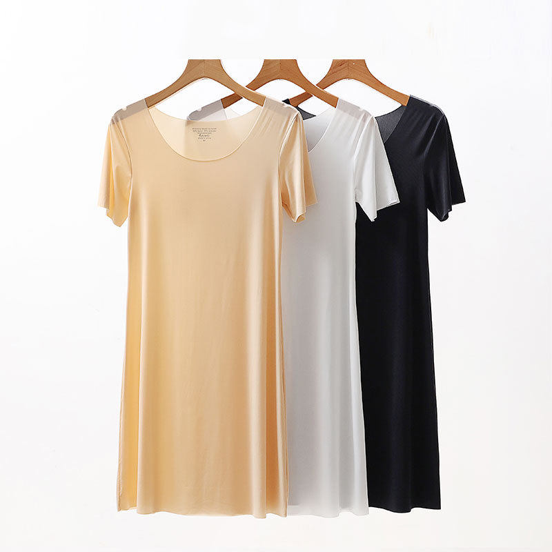 冰丝无痕睡裙夏季中长款女式内搭短袖连衣裙超薄防走光打底内衬裙