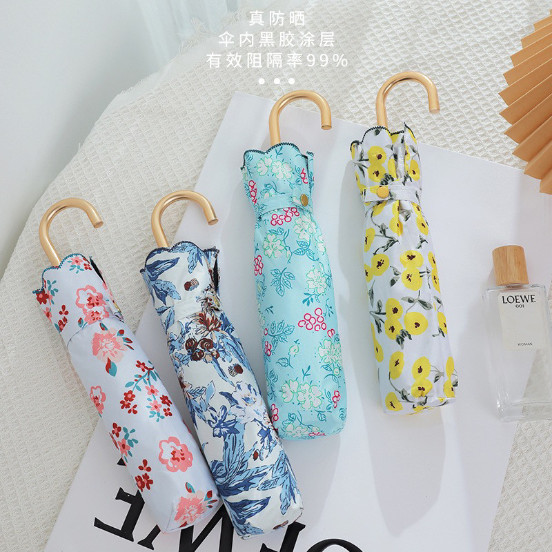 弯钩三折伞刺绣创意韩国黑胶折叠伞防紫外线防晒太阳中长公主伞