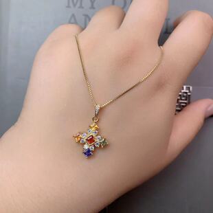 天然彩蓝宝吊坠方3s925银精工镶嵌 天然彩宝珠宝首饰