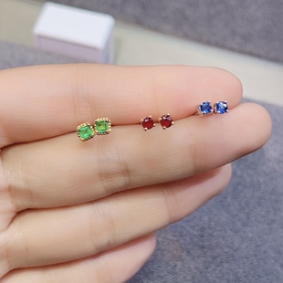 天然鸽血红红宝石蓝宝石祖母绿耳钉方3圆3 925银精工彩宝珠宝首饰