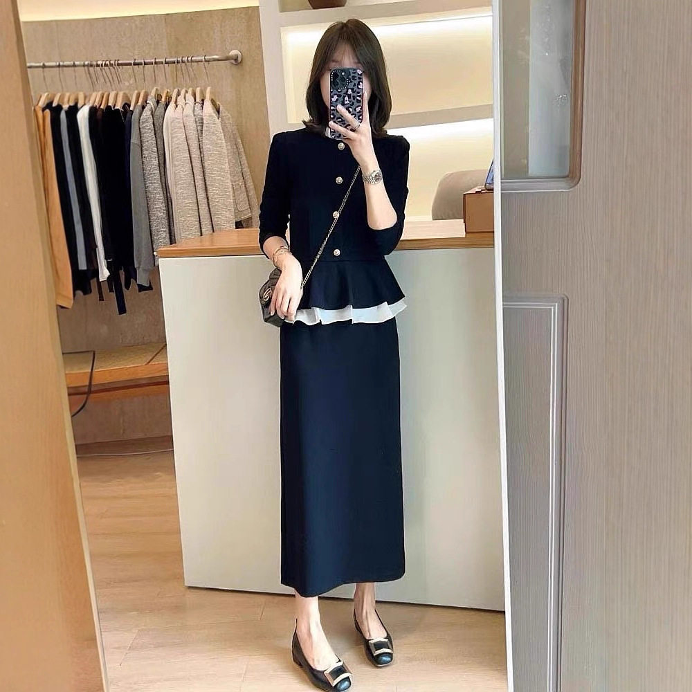 秋季大码女装新款小香风长袖套装女胖mm职业装半身裙两件套25179