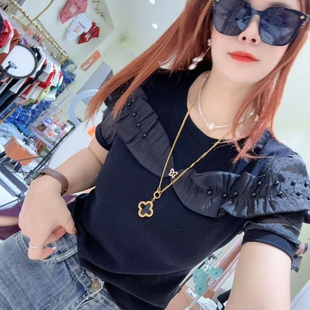身显瘦上衣 夏季 女士纯棉短袖 T恤女圆领拼色钉珠时尚 气质减龄修身