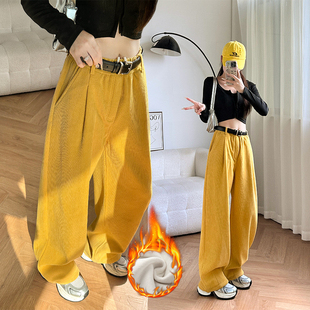 橙黄色加绒运动裤子女2026年秋冬新款辣妹休闲卫裤美式高腰欧风裤