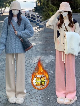 慵懒风阔腿裤女秋冬加厚高腰休闲羊绒糯米裤软糯垂感加绒拖地裤子