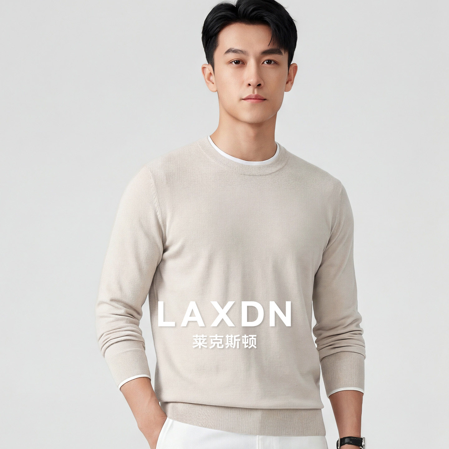 [含羊绒 假两件]莱克斯顿2026春新款男装圆领针织衫休闲百搭毛衣