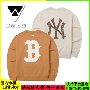国内现货MLB男女24秋季新款NY丝绒老花大标长袖套头卫衣3AMTM1044