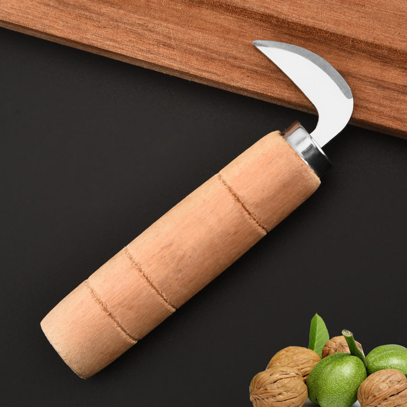 不锈钢防滑木柄核桃刀绿皮核桃弯刀便携果蔬工具多功能家用开核器