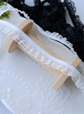 黑白色双层弹力纱褶皱蕾丝花边松紧带木耳边领口diy装饰娃衣辅料