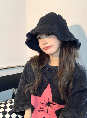 WN帽子韩国ins慵懒风复古毛边黑色渔夫帽女遮脸大檐防晒盆帽男潮