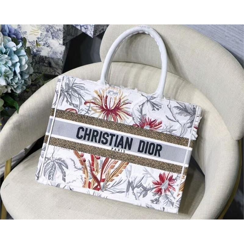 二手品/迪奥book tote帆布小号白花园 刺绣购物袋 手提包女包
