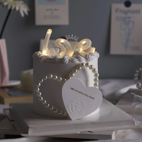 情人节爱情款表白520蛋糕装饰LED灯LOVE珍珠爱心玫瑰花摆件插件