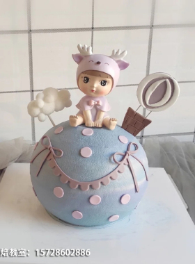 网红生日蛋糕装饰儿童周岁派对紫色带帽子小鹿摇头女孩摆件玩偶