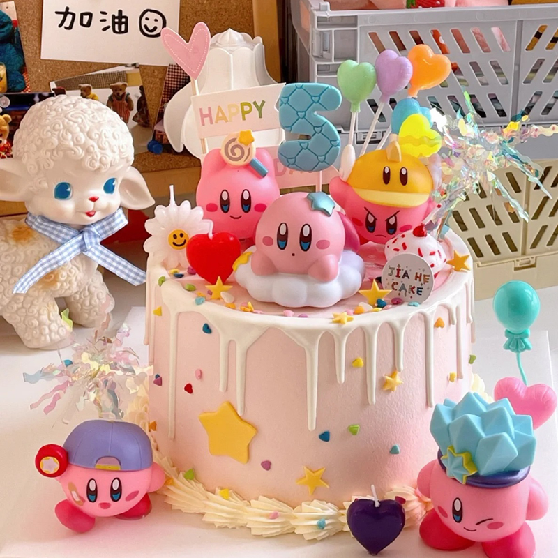 儿童女孩生日蛋糕装饰可爱粉色星之卡比汉堡包薯条摆件笑脸插件