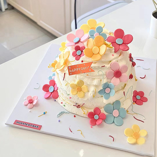 饰蛋糕插牌彩色小花 小清新软胶花朵春游野餐生日蛋糕甜品台派对装