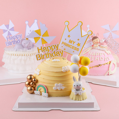 网红马卡龙色系风车公主皇冠happybirthday套装生日蛋糕装饰插件