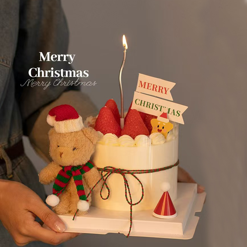 圣诞节生日蛋糕装饰可爱毛绒小熊圣诞快乐小插旗插牌插件草莓蜡烛
