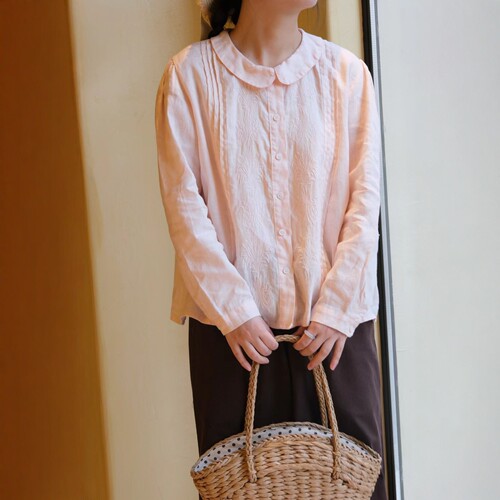 元宝领亚麻刺绣长袖衬衫