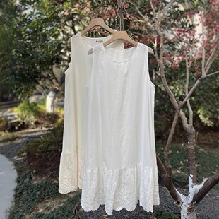 春夏森系下摆刺绣镂空花边拼接背心裙打底衬裙减龄内搭叠穿连衣裙