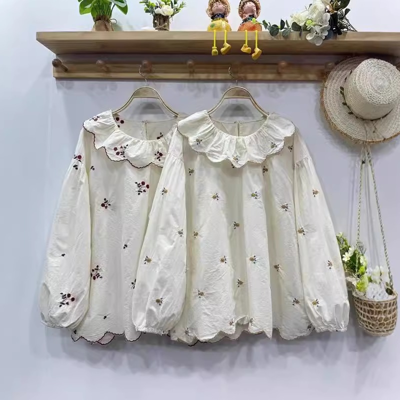 森系文艺荷叶花边领刺绣套头娃娃衫宽松减龄小清新长袖衬衫女秋新