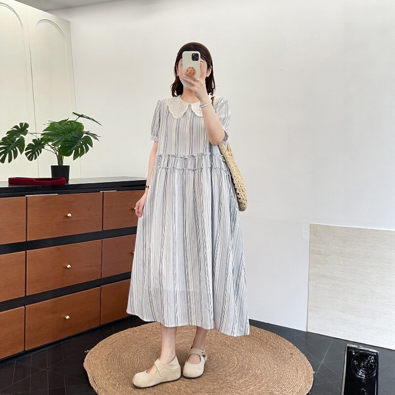 条纹娃娃领木耳边收腰全棉连衣裙