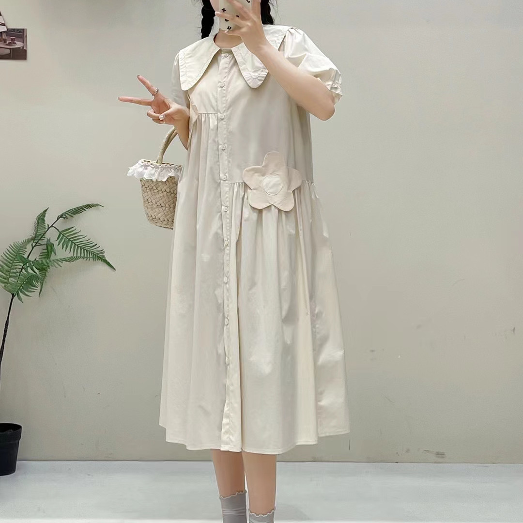 甜美A字全棉纯色立体花朵连衣裙