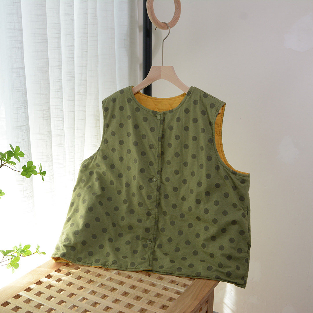 23秋冬新品文艺波点宽松版软糯棉质加棉磨毛背心夹棉马夹外套马甲