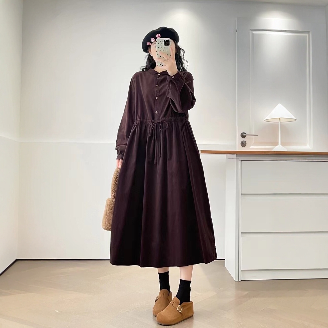 日系娃娃领半开扣细条纹长袖连衣裙宽松百搭收腰系带法式气质长裙