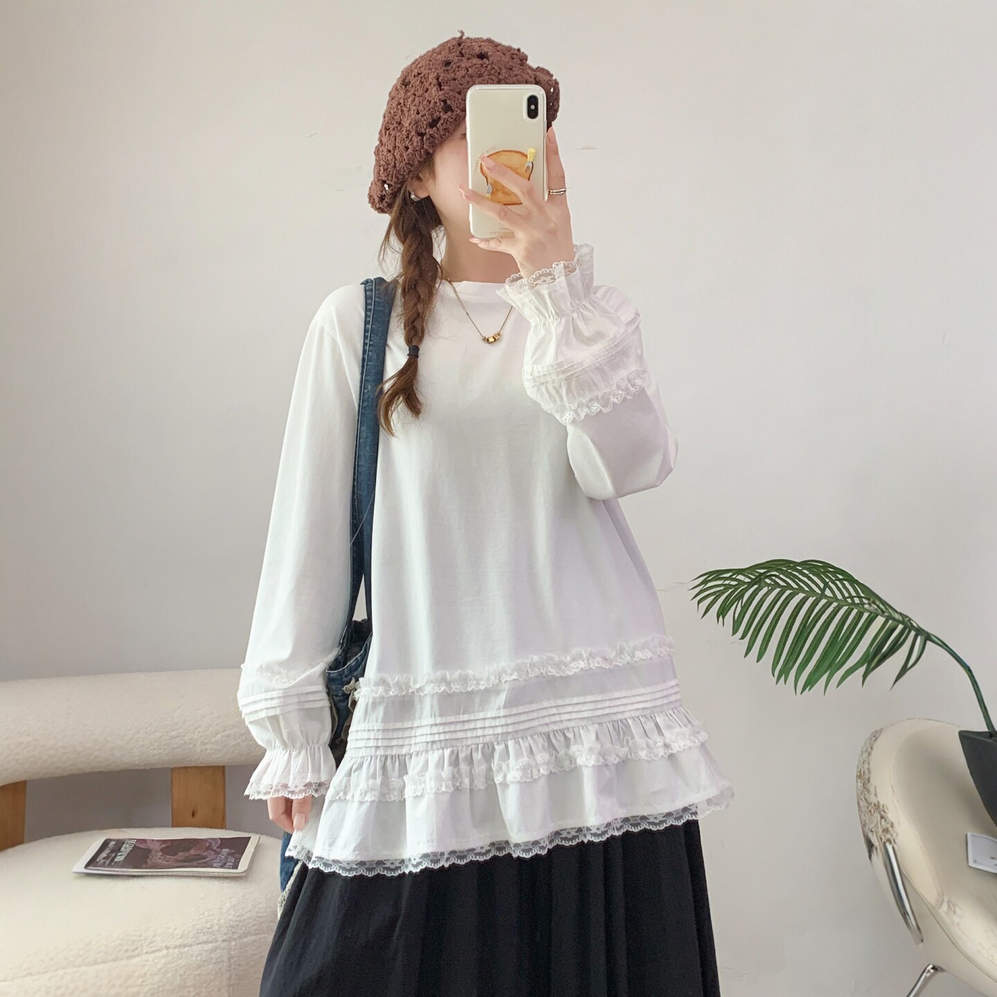 宽松圆领蕾丝花边拼接纯棉上衣女